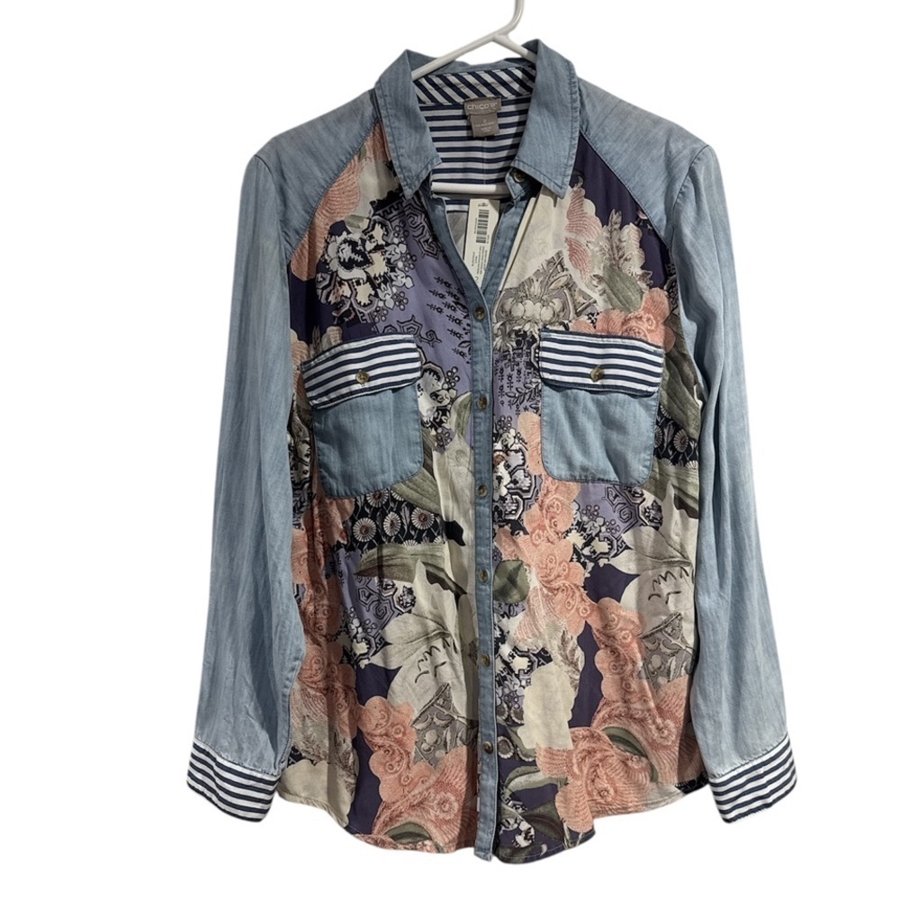 Chico's mixed-print denim long sleeve button up shirt sz 2 retro Western NEW